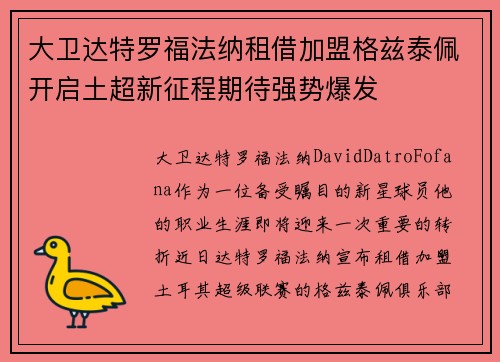 大卫达特罗福法纳租借加盟格兹泰佩开启土超新征程期待强势爆发